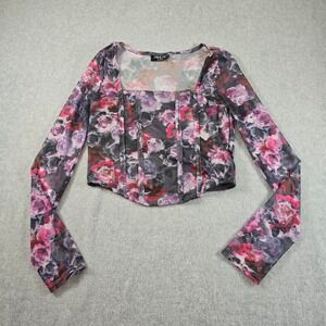 Jolie & Joy Floral Mesh Corset Top Long Sleeve Square Neck Crop Purple Medium